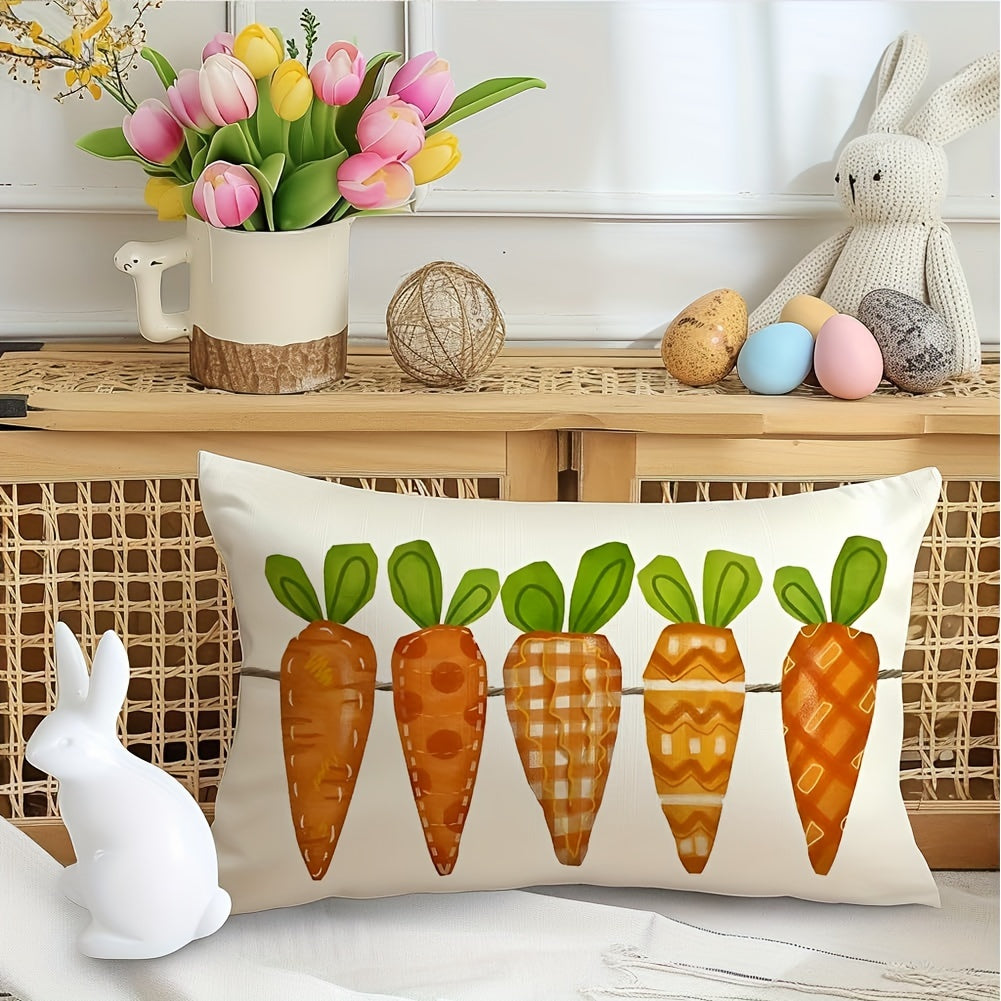 1pc, Contemporary Style Linen Easter Pillow Cover, 12x20inch, Orange Carrots Design, Spring Farmhouse Decor, Zipper Closure, Machine Washable, Multiple Room Compatibility, Woven Fabric, Home Sofa Couch Cushion Case