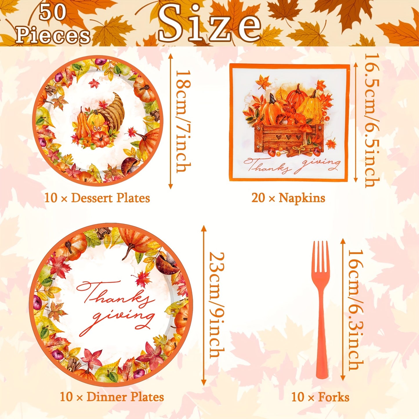 Festive 50pcs Pumpkin Thanksgiving Party Set: Includes 10 Dinner Plates, 10 Dessert Plates, 20 Napkins, And 10 Forks - Perfect for a Fall Harvest Celebration