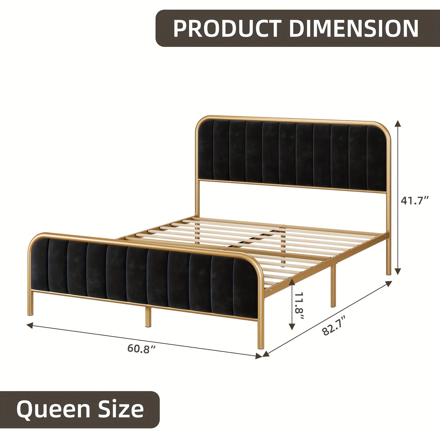 1 set Bed Frame with Golden Metal Frame, 10.2 inch  Under-Bed Storage Space, Noise Free Design, Wood Slats Support, No Box Spring Needed, Easy Assembly in Black