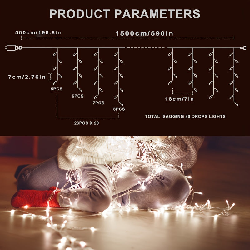 Assurged LED Icicle Lights, LED Light Strips, Christmas Icicle Lights,, Multiple Modes And Timers, Warm White, Cool White, Suitable For Eaves Lights, Festivals, Weddings, Christmas Decorations