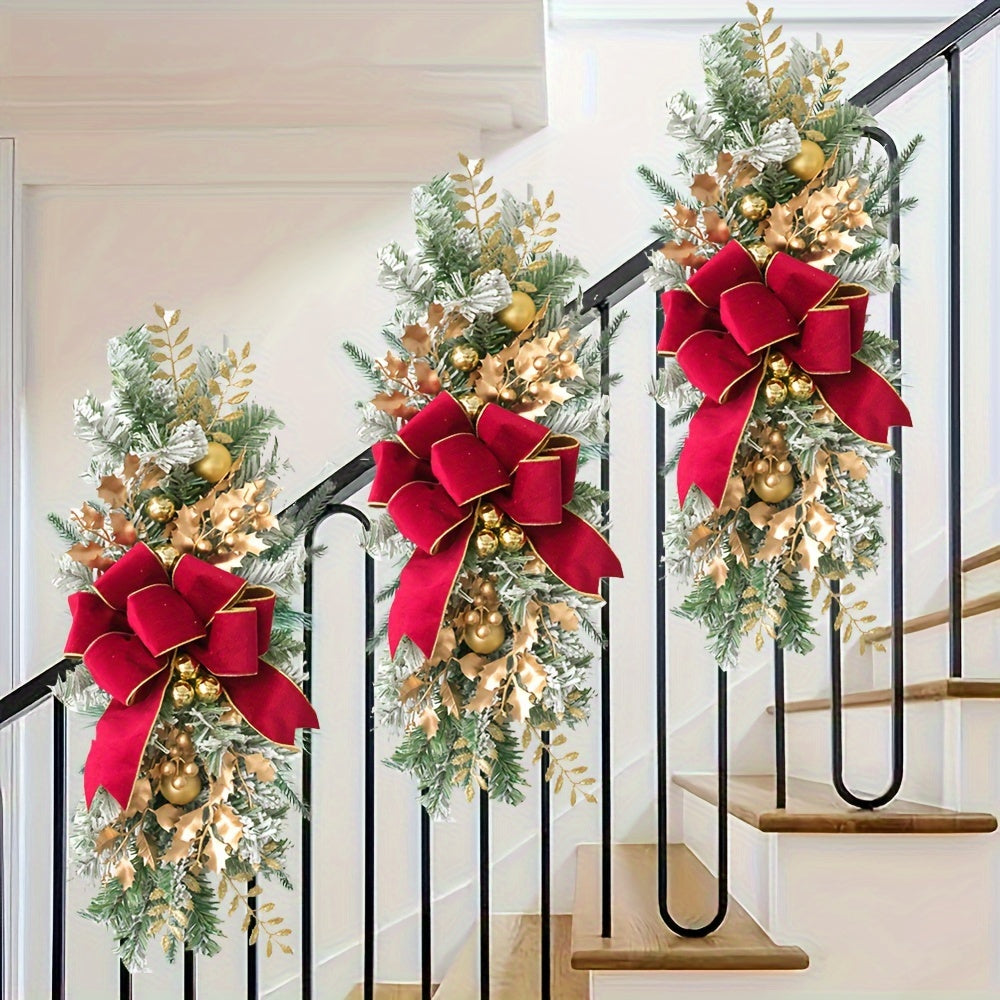 Glam Style Christmas and Valentine's Day Garlands - Plastic Home Decor Swags for Staircase and Wall Hanging - Festive Pink and Golden Holiday Ornaments - Elegant Unlit Floral and Ribbon Accents for Wedding and Seasonal Decora