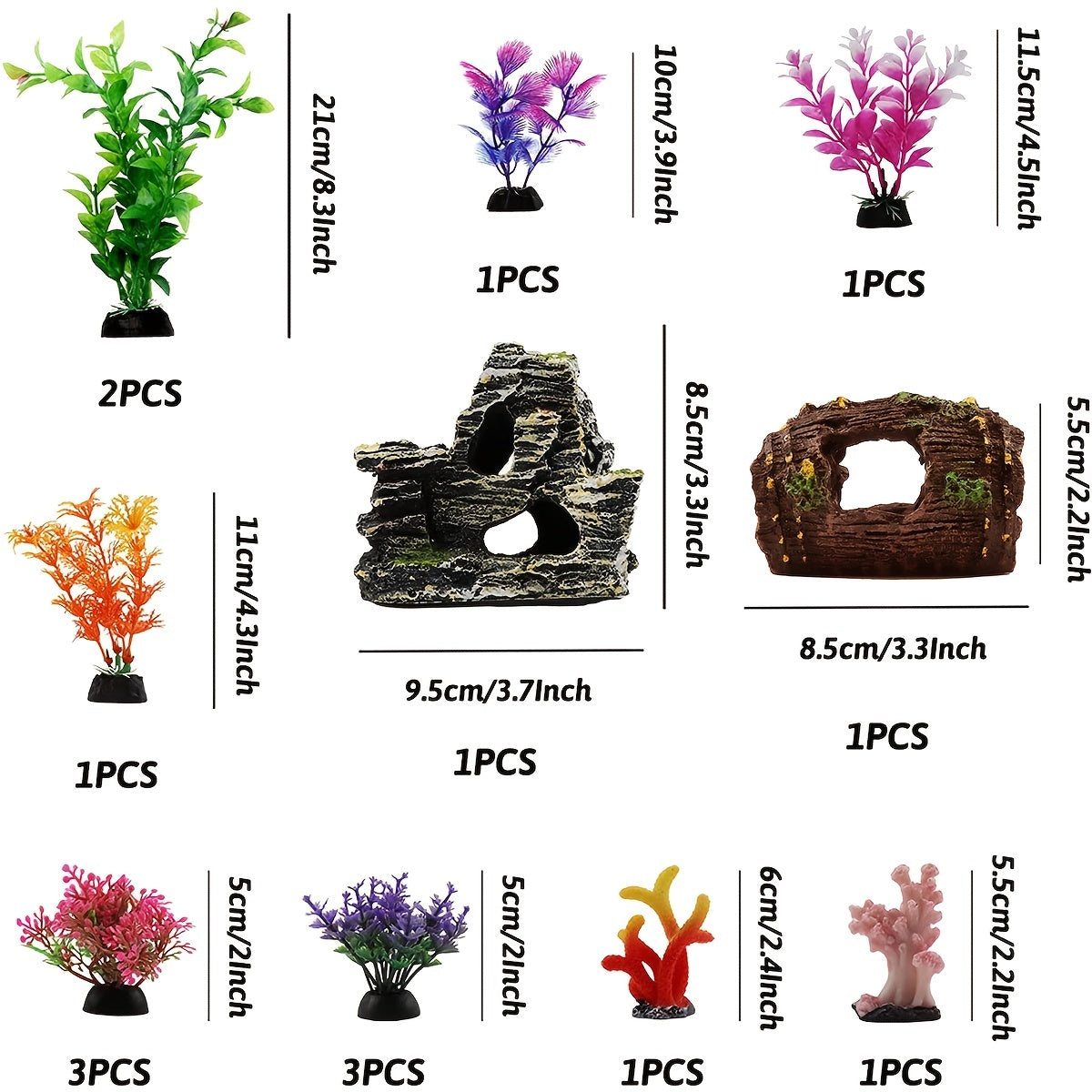 15pcs Resin Fish Tank Decorations Plants with Broken Barrel, Cave Rock View, and Plastic Plants