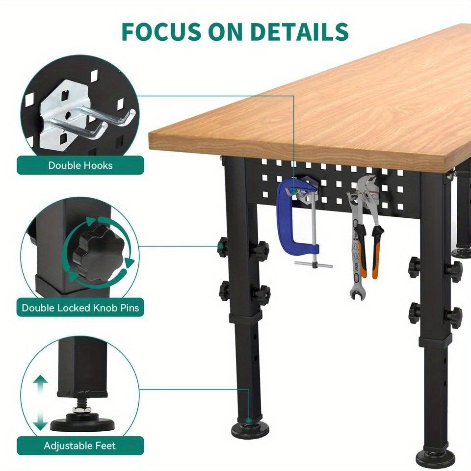 Versatile 48" Workbench: Adjustable Height, Wheels, Pegboard, and 1600 lbs Load Capacity