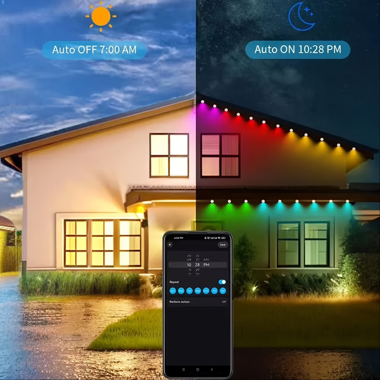 150FT/100FT/50FT, Permanent Outdoor Lights, Smart RGBIC Outdoor Lights With 75 Scene Modes, Garden Yard, 150ft With 90LED Eaves Lights Garden Decor Christmas Festival, Work With Alexa, Google Assistant