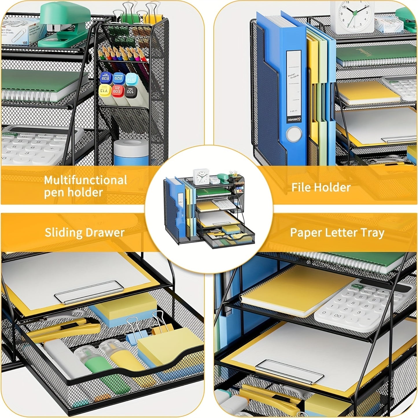 Desk Organizers And Accessories Storage With Large Vertical File Holder, 5-Tier Letter Tray Desk Organizers With Sliding Drawers And Movable Pen Holder, Desk Organizer Shelf For Office Supplies