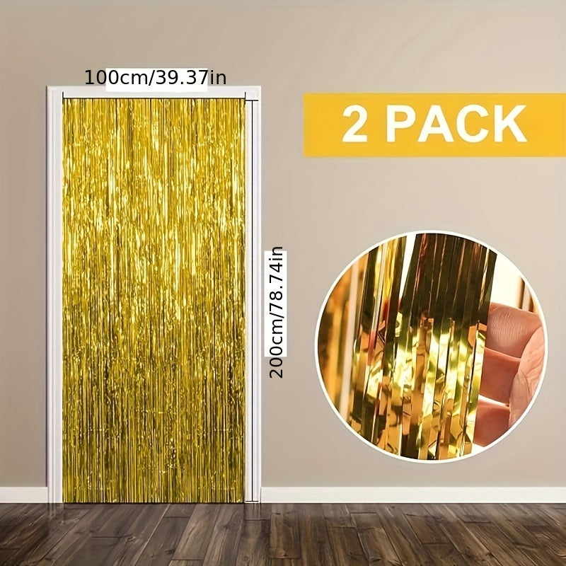 2-Pack Golden Tinsel Backdrop Curtains, 39.37inch x 78.74inch Each, Plastic Party Decorations for Dance, Birthday, Christmas, Halloween, New Year Celebrations, Festive Home & Kitchen Decor