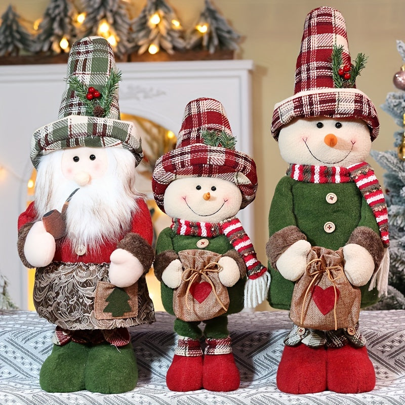 2pcs/set Christmas Decorations Standing Plush, Figurine Snowman Telescopic Length Christmas Plush, Snowman/Santa Claus With Adjustable Legs, Home Decorations Doll, Xmas Party Ornament Holiday Doll Toy Gift (18.5in/24.4in)