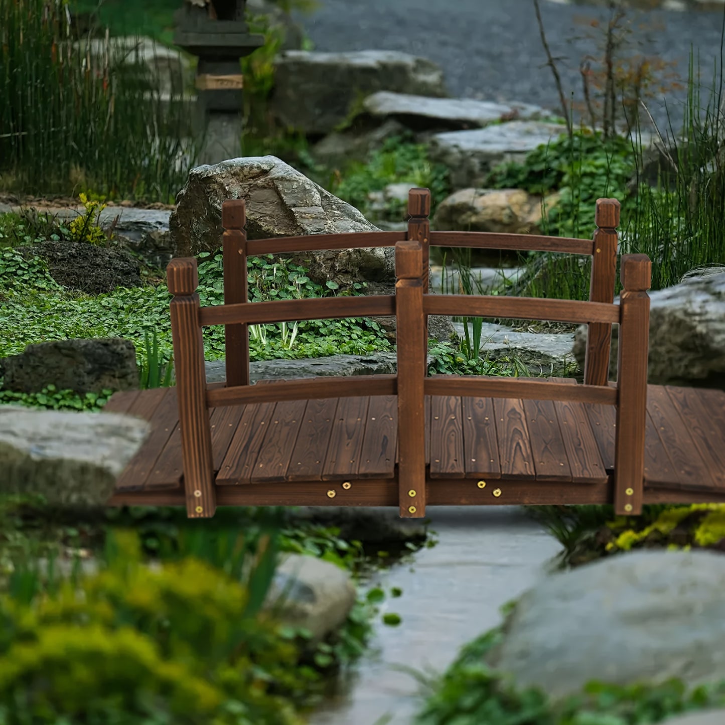 5ft Wooden Garden Bridge, Arch With Safety Railings On Either Side Outdoor Footbridge, Wooden Walkway Decorative Pond Landscaping, Backyard, Creek Or Farm