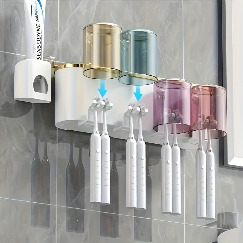 1 Set Of Multifunctional Wall Mounted Toothbrush Holder With Toothpaste Squeezer, Cup Holder, Toothpaste And Mouthwash Storage, Bathroom Accessories, Bathroom Storage And Organization