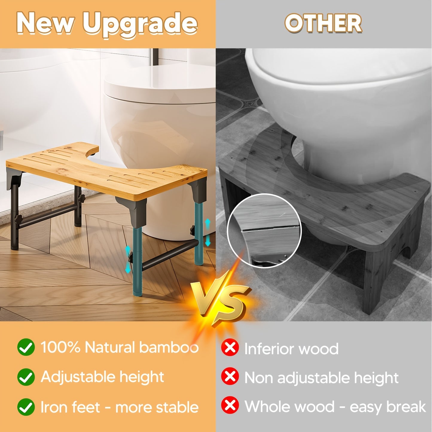 1 PC Bamboo Adjustable Toilet Stool - 7''/8''/9'' Foldable Iron Poop Steps with Non-Slip Layer for Bathroom Assistance