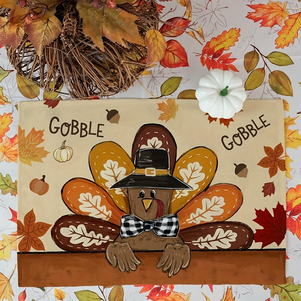 Set of 4 Thanksgiving Placemats - 12x18 Inch Linen Table Mats with Gobble Turkey Design, Machine Washable, Woven Burlap for Autumn Home Decor, Farmhouse Style, Seasonal Fall Harvest Table Decorations