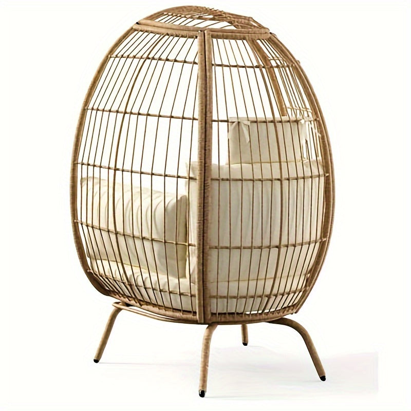 Phabules Wicker Egg Chair Outdoor Indoor Oversized Lounger with Stand and Beige Cushions Egg Basket Chair for Patio Backyard Porch