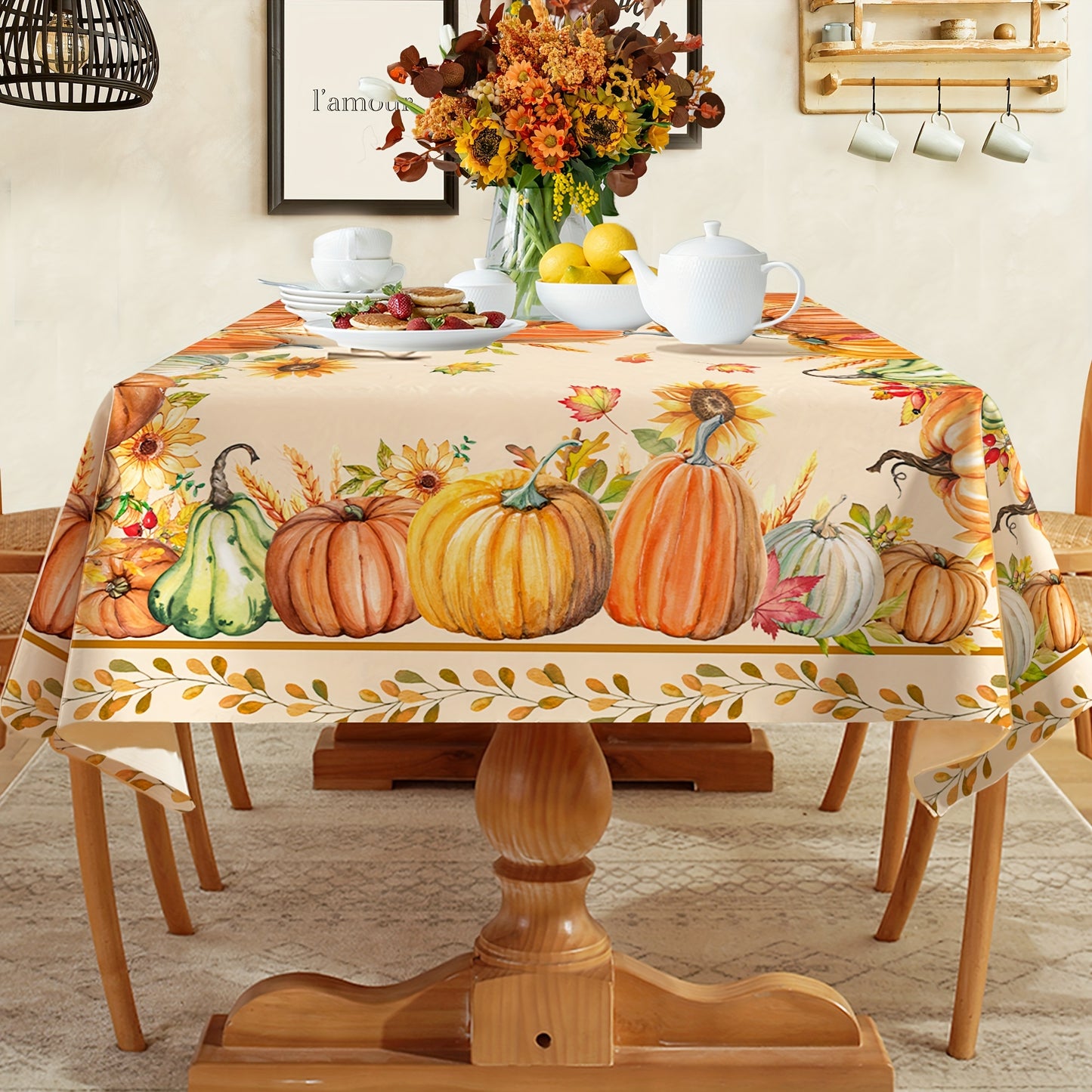 1pc Autumn Party Tablecloth, Orange Pumpkin Print, Perfect Party Decor, Home Supplies, Art Craft Sewing Supplies, Party Tablecloth, Polyester, Machine Woven, Holiday Season: Fall