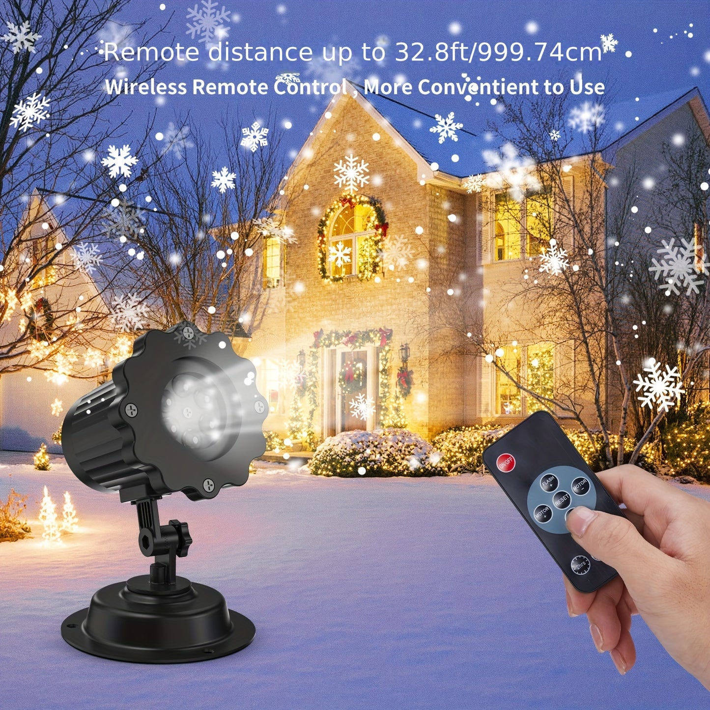 Snowflake Projector Lights, 16.4ft Lead Cord, White Snowfall Show With Remote Control For Halloween Christmas Holiday New Year House Party Decoration