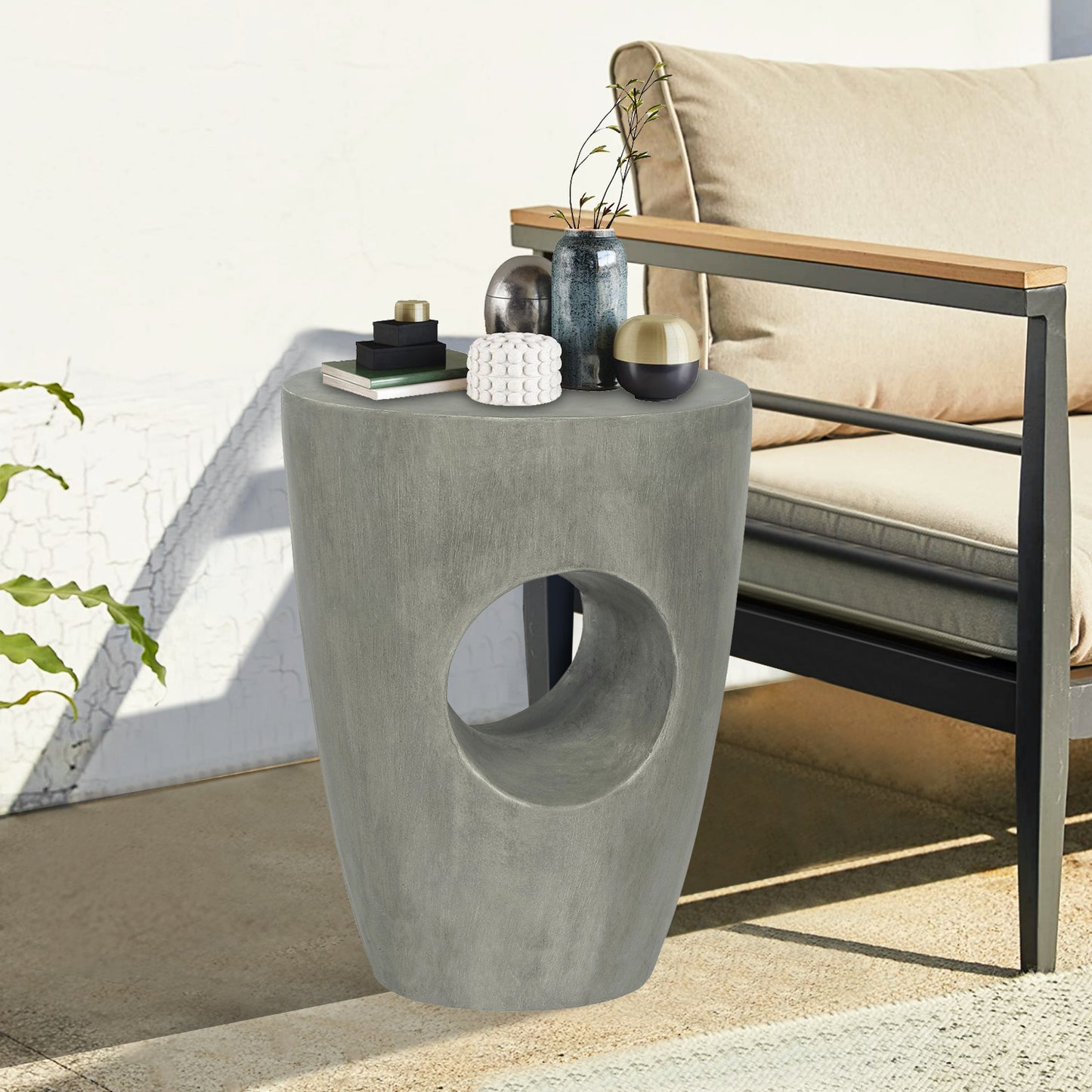 ED Modern Concrete Side Table for Outdoor,18.11" H Accent End Coffee Table Drink Table Nightstand, Unique Plant Stand for Garden Patio Living Room