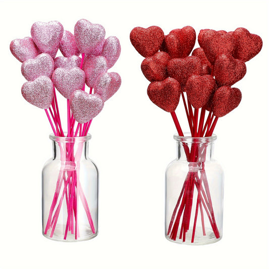 24pcs Sparkly Glitter Foam Heart Picks - Red and Pink Puffy Heart Toppers with Wooden Stems for Valentines Day Wedding Decorations and Flower Arrangements - Easy to Use and Reusable Decorative Accents