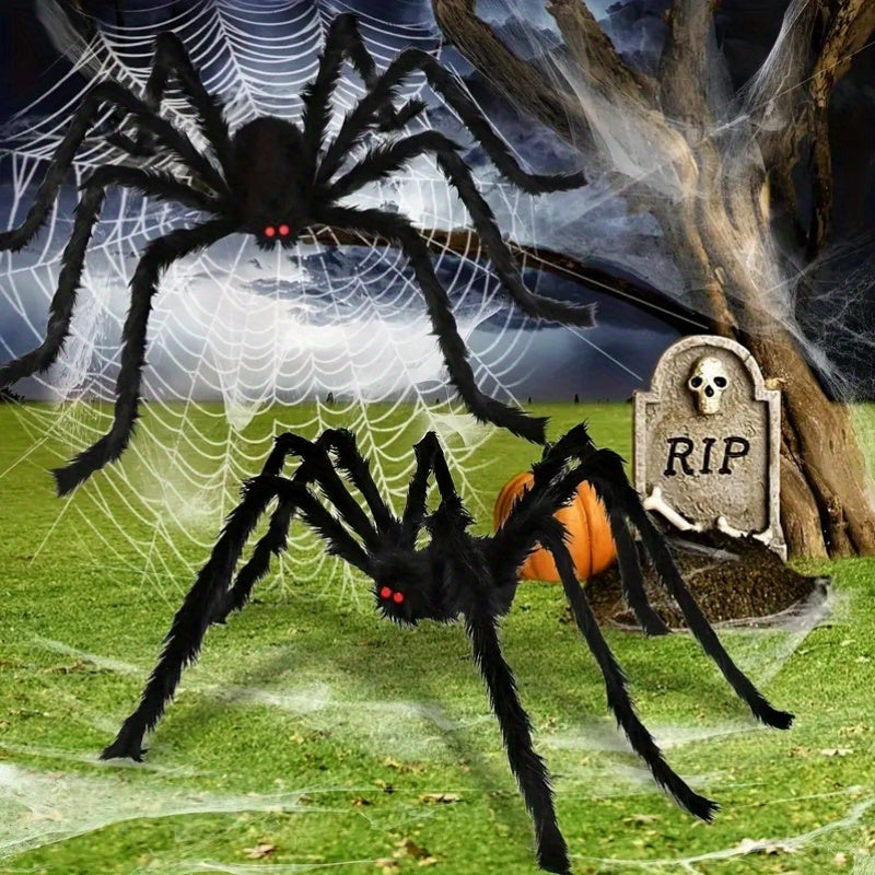 2Pcs Giant Plush Halloween Spider Decorations - 59/49/35 inches, Realistic Design, Ideal for Indoor Haunts and Outdoor Yard Scare