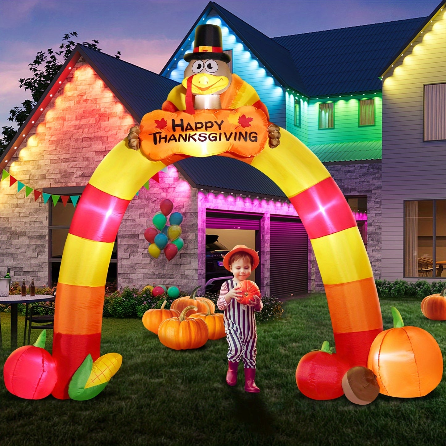 8FT Tall Autumn Turkey Archway Inflatable - Inflatable Yard Decorations with LED Lights, Blow Up Design, Outdoor Lawn Decor for Happy Thanksgiving Festival and Harvest Fall Season