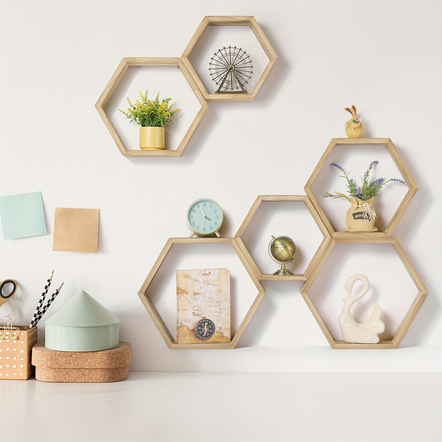 Set Of 6 Hexagonal Shelves For Wall Decor Floating Shelves Wood Wall Shelf Wall Mounted Storage Hanging Honeycomb Shelves Display Float Shelves For Bedroom Living Room Bathroom Office, Light Brown