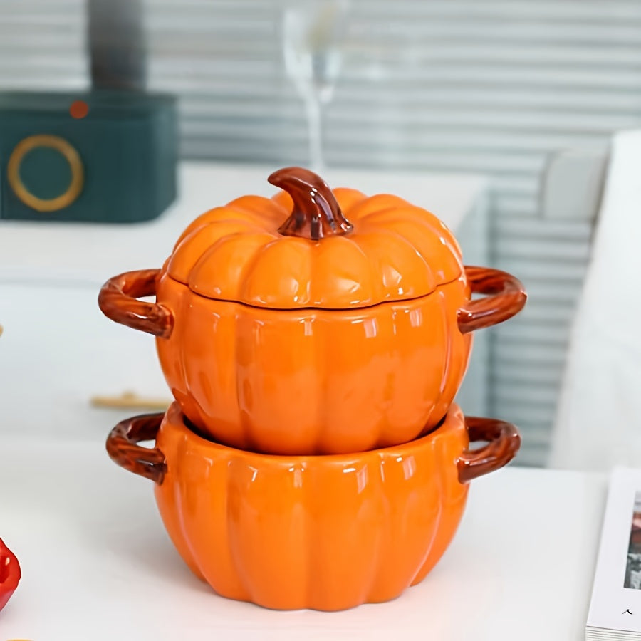 1pc Dutch Oven Pot Set, 54oz Large Ceramic Pumpkin Soup Bowl with Lid and Handles, Novelty Botanical Pattern, Microwave Safe, Heat-Resistant Design, Ideal for Pudding Dessert, Holiday Kitchen Decor, Christmas Party Accessory