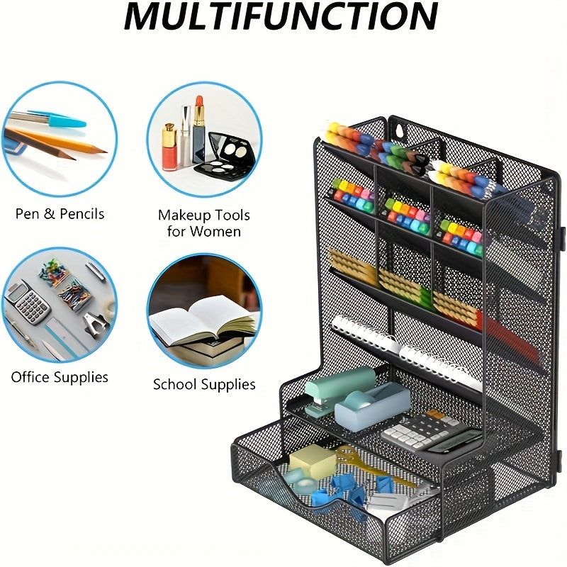 1 Pcs Pen Organizer for Desk, Multi-Functional Desk Organizer, Wall Mount Pen Holder with Drawer for School, Office, Home, Art Supplies, Black