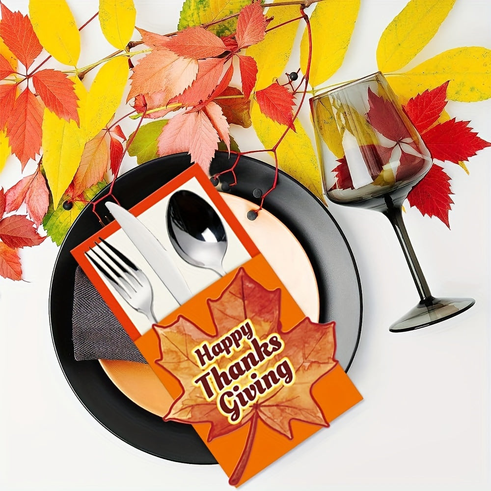 40pcs Thanksgiving Dinnerware Holder Set, Autumn Harvest Table Decor, Includes 10 Random Thanksgiving Paper Bags, 10 Knives, 10 Forks, 10 Spoons, for Party Gatherings, Family Dinners, Festive Holiday Theme, Plastic, No Power