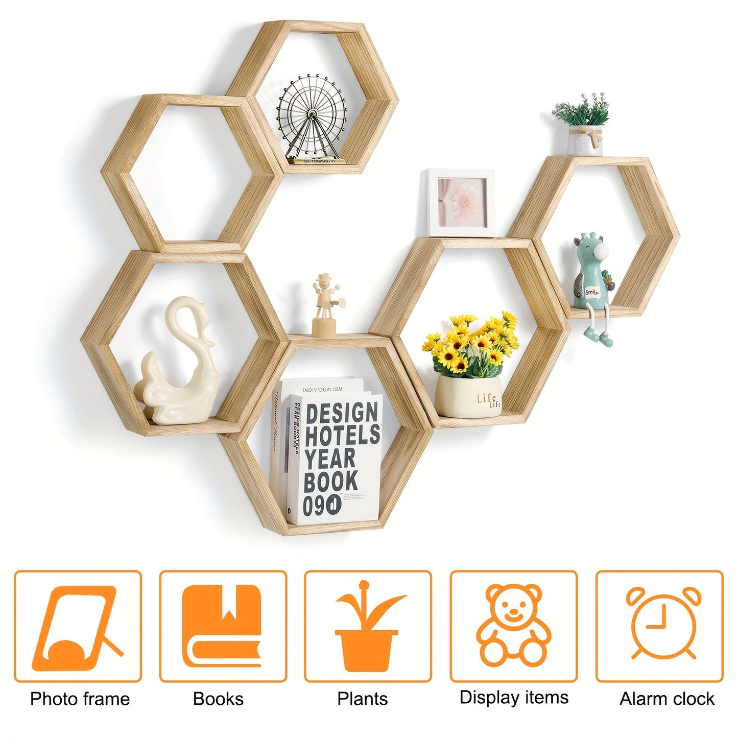 Set Of 6 Hexagonal Shelves For Wall Decor Floating Shelves Wood Wall Shelf Wall Mounted Storage Hanging Honeycomb Shelves Display Float Shelves For Bedroom Living Room Bathroom Office, Light Brown