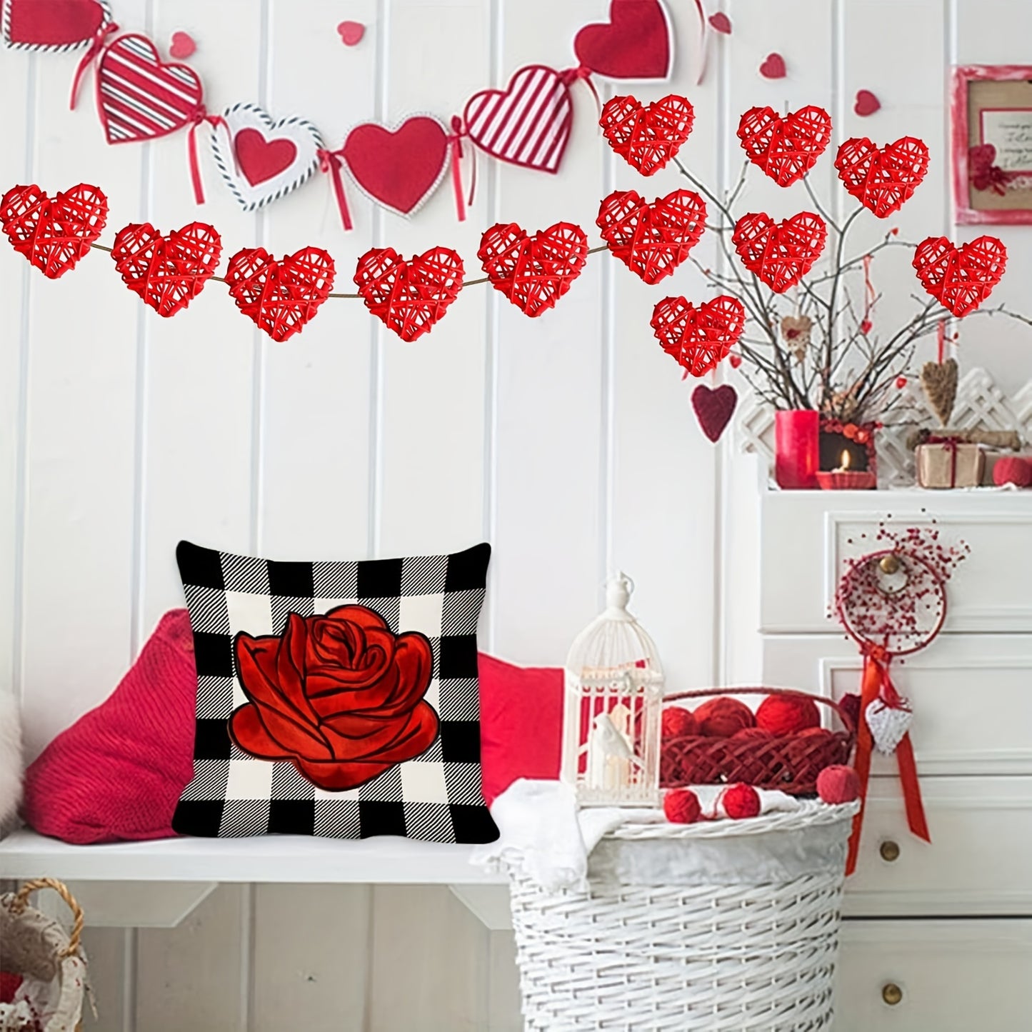 12pcs Valentines Day Heart Shaped Rattan Balls Decorations - Romantic DIY Filler Ornaments for Home, Wedding, and Table Decor - Red, Wicker, Handmade, Easy to Assemble, Reusable, and Perfect for Love-themed Party