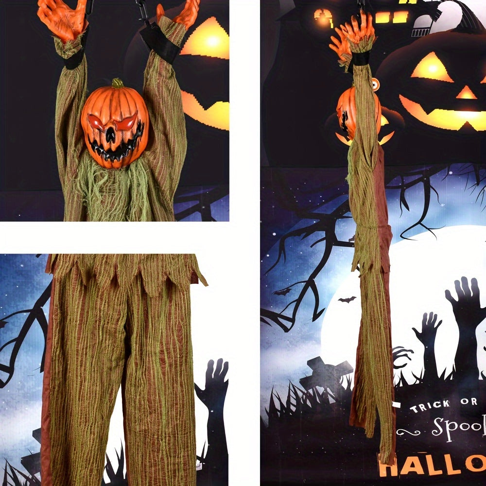 Spooky Halloween Hanging Decor - Glowing Eyes, Screaming Pumpkin Skeleton with Witch Hat & Moving Body - Battery-Powered Outdoor Yard Ornament for Haunted House Atmosphere