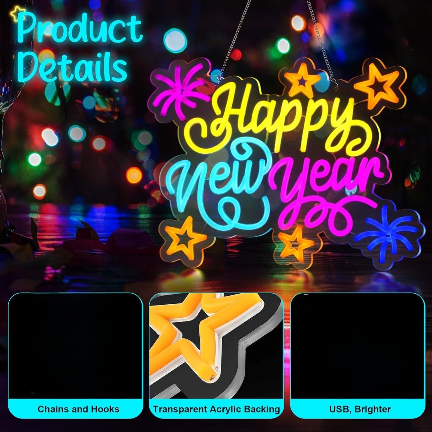 Happy New Year Neon Sign - USB Powered, Switch Control, Non-Wireless Acrylic LED Sign for Wall Hanging, Multipurpose Plastic Holiday Decor for Bedroom and New Year'S Eve Party