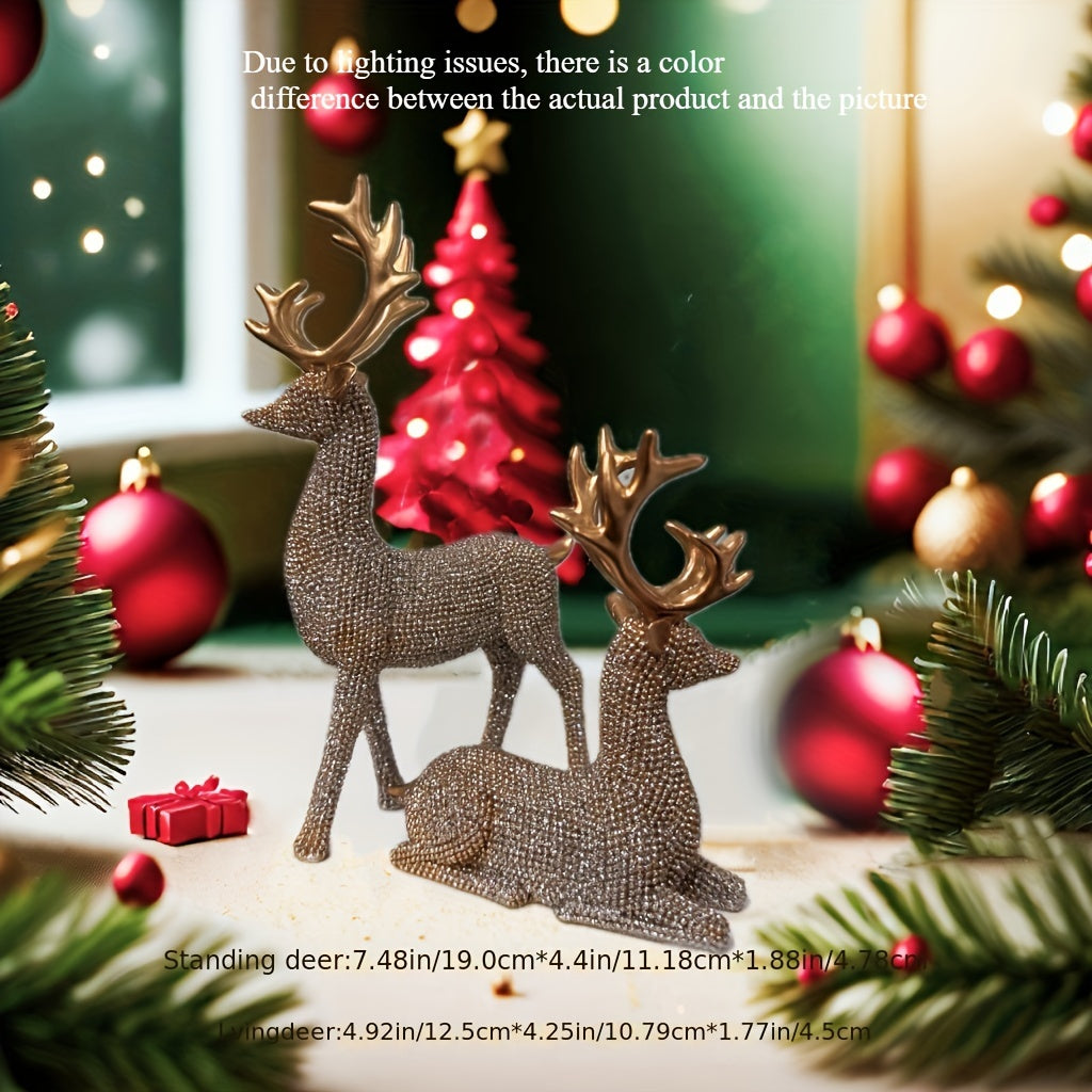 2pcs Reindeer Statue Set - Versatile Indoor/Outdoor Christmas & New Year Decor, Resin Reindeer Figurines for Home & Office Desk Display, Perfect Holiday Gift Idea, Christmas Decor