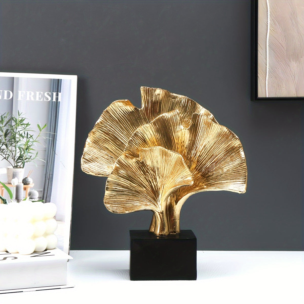 Resin Ginkgo Leaf Figurine - Modern Art Abstract Plant Sculpture for Home Decor, Indoor Use, No Electricity Required