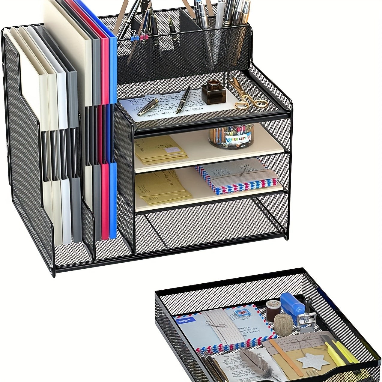 Desk Organizer with Mesh File Holder, 4-Tier Office Supplies Desk Organizers and Accessories with Sliding Drawers & Pen Holder, Desk File Organizer and Storage for Office, School, Home, Black