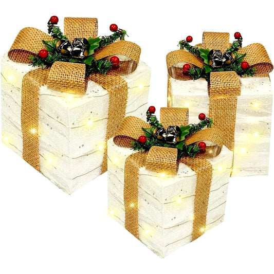 3 Pcs Christmas Lighted Gift Boxes, Lighted Boxes with 70 LED Warm Lights, Prelit Present Decorations Clear Xmas Tree Ornaments, Outdoor Indoor Holiday Party Home Wedding Yard Décor (White)