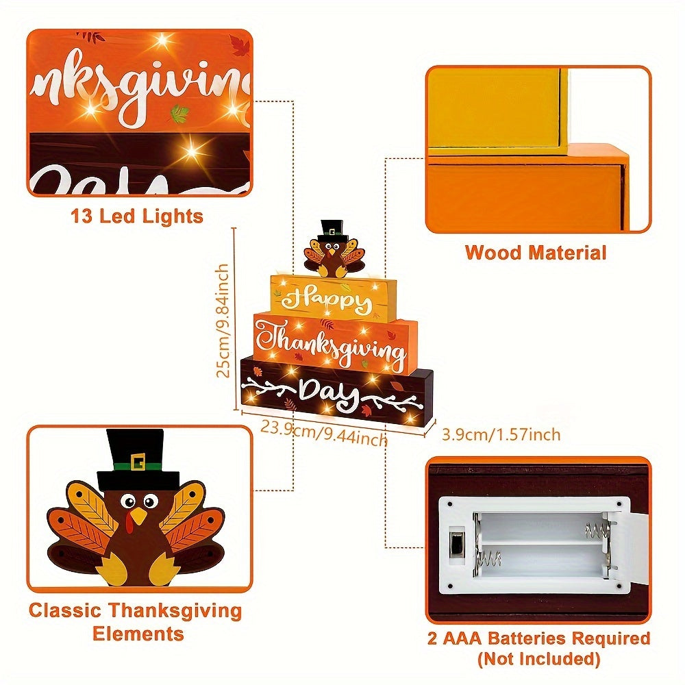 Happy Thanksgiving LED Light-Up Wooden Sign - Turkey Design for Tabletop & Mantle Decor, Battery Operated (AAA), Perfect for Farmhouse & Autumn Celebrations