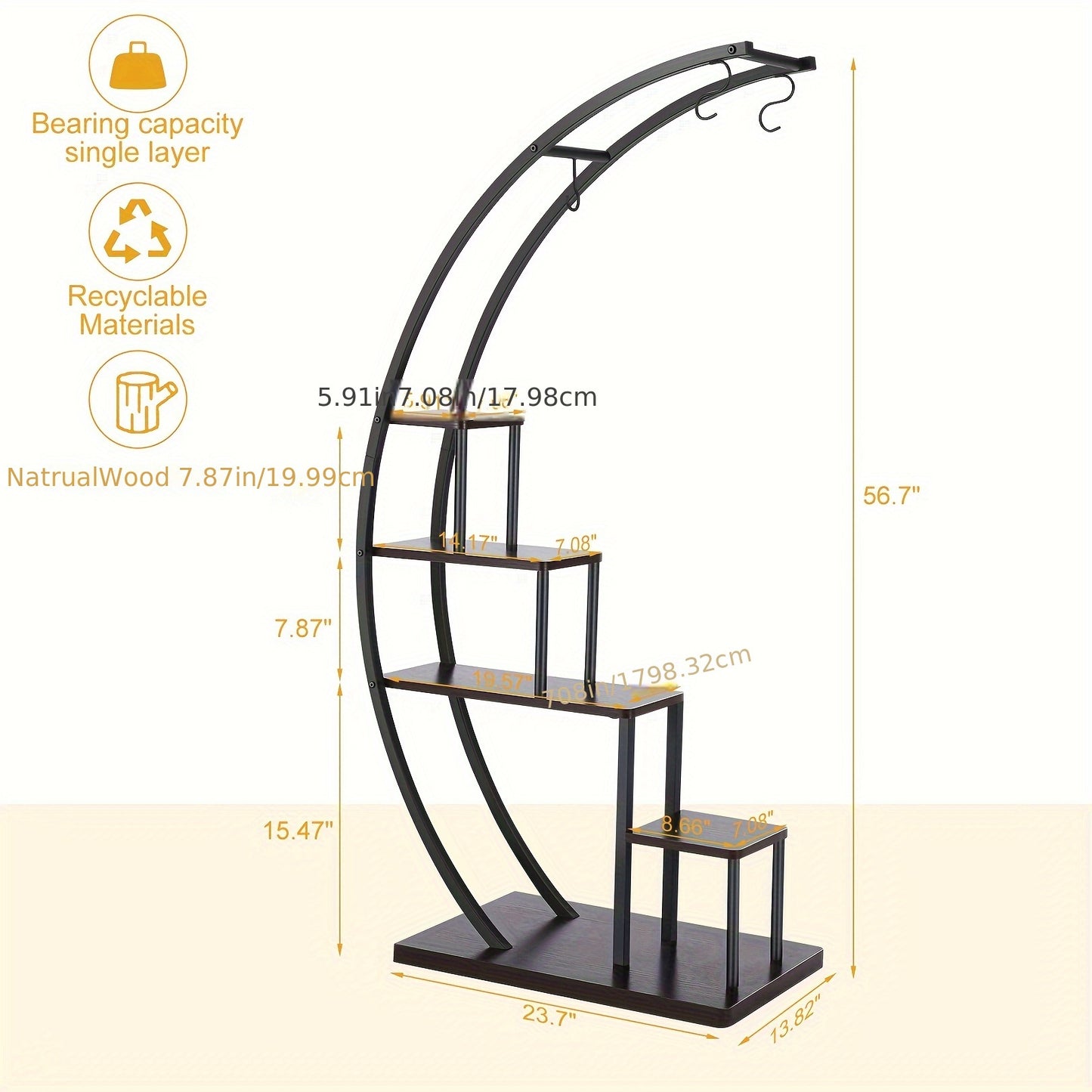 5-Tier Half-Moon Shaped Plant Stand - Space-Saving Indoor Flower Rack with Hooks for Multiple Planters - Ideal for Home Decor, Holiday Decoration, Living Room, Balcony, and Bedroom (24x14x57 inches)