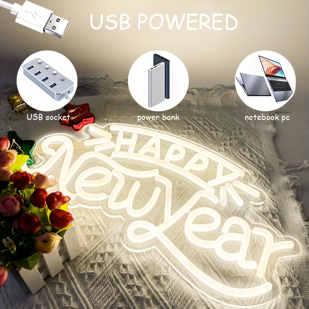 Happy New Year LED Neon Sign - Warm White Wall Decor Light, Perfect for Parties, Bedrooms & More - USB Powered