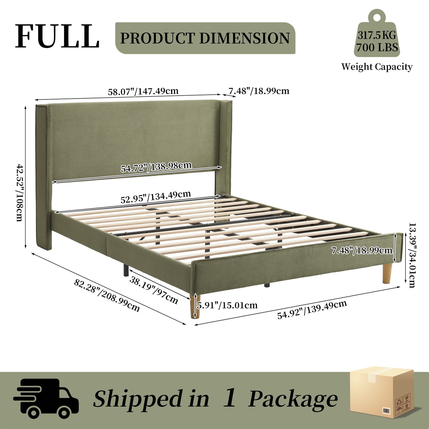 Upholstered Bed Frame With 42.5" High Wingback Headboard, Velvet Fabric, Strong Metal & Wooden Slats Support, No Box Spring Needed, Easy Assembly, Cream/Mink/Turtle Green, Twin/Full/Queen/King Size