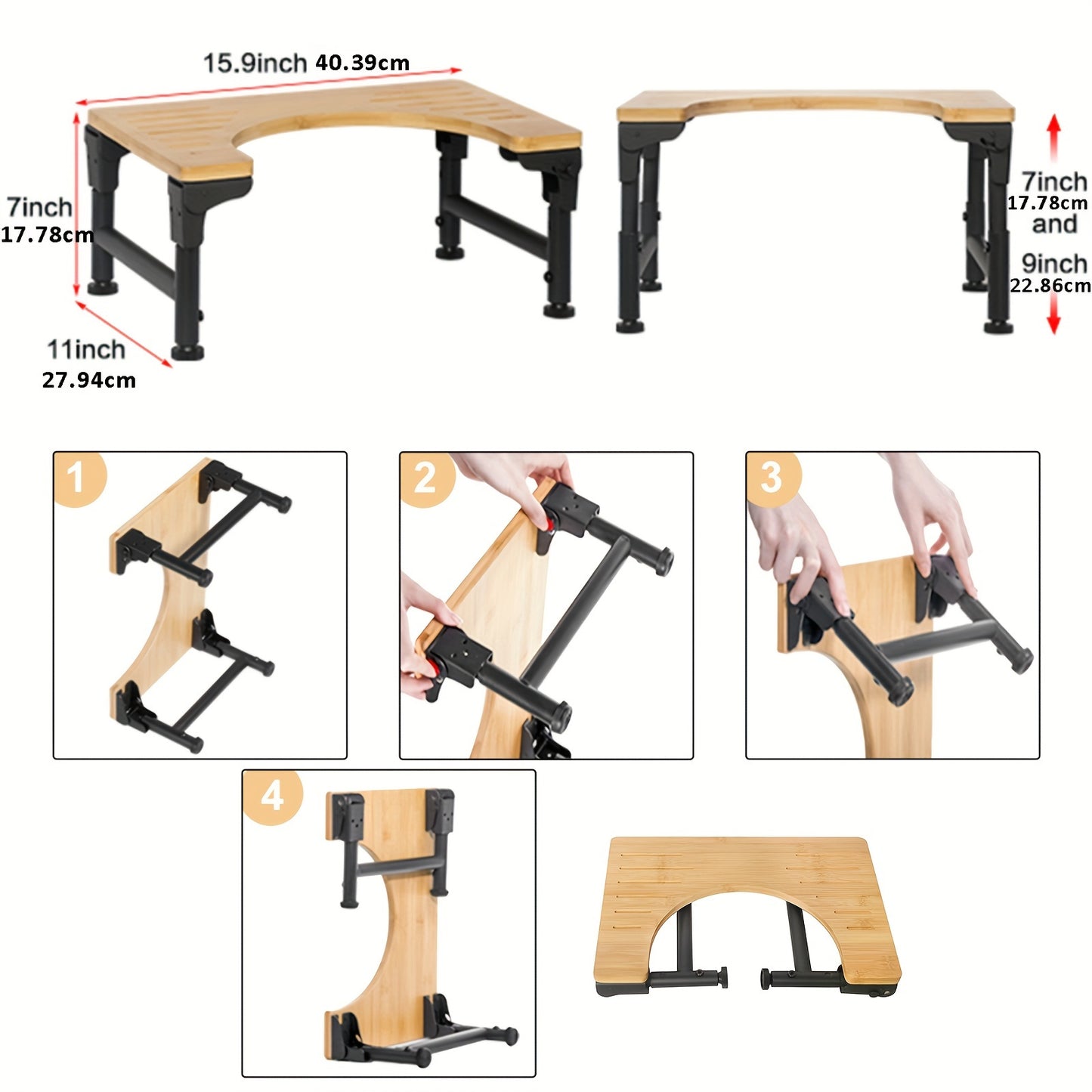 1 PC Bamboo Adjustable Toilet Stool - 7''/8''/9'' Foldable Iron Poop Steps with Non-Slip Layer for Bathroom Assistance