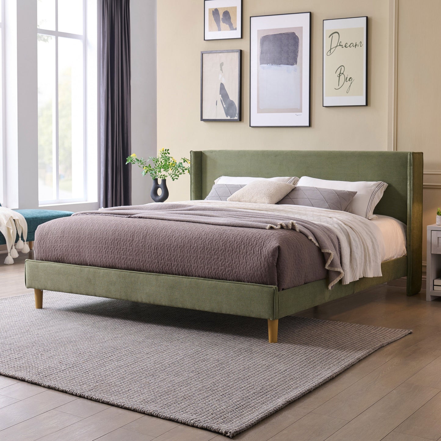 Upholstered Bed Frame With 42.5" High Wingback Headboard, Velvet Fabric, Strong Metal & Wooden Slats Support, No Box Spring Needed, Easy Assembly, Cream/Mink/Turtle Green, Twin/Full/Queen/King Size