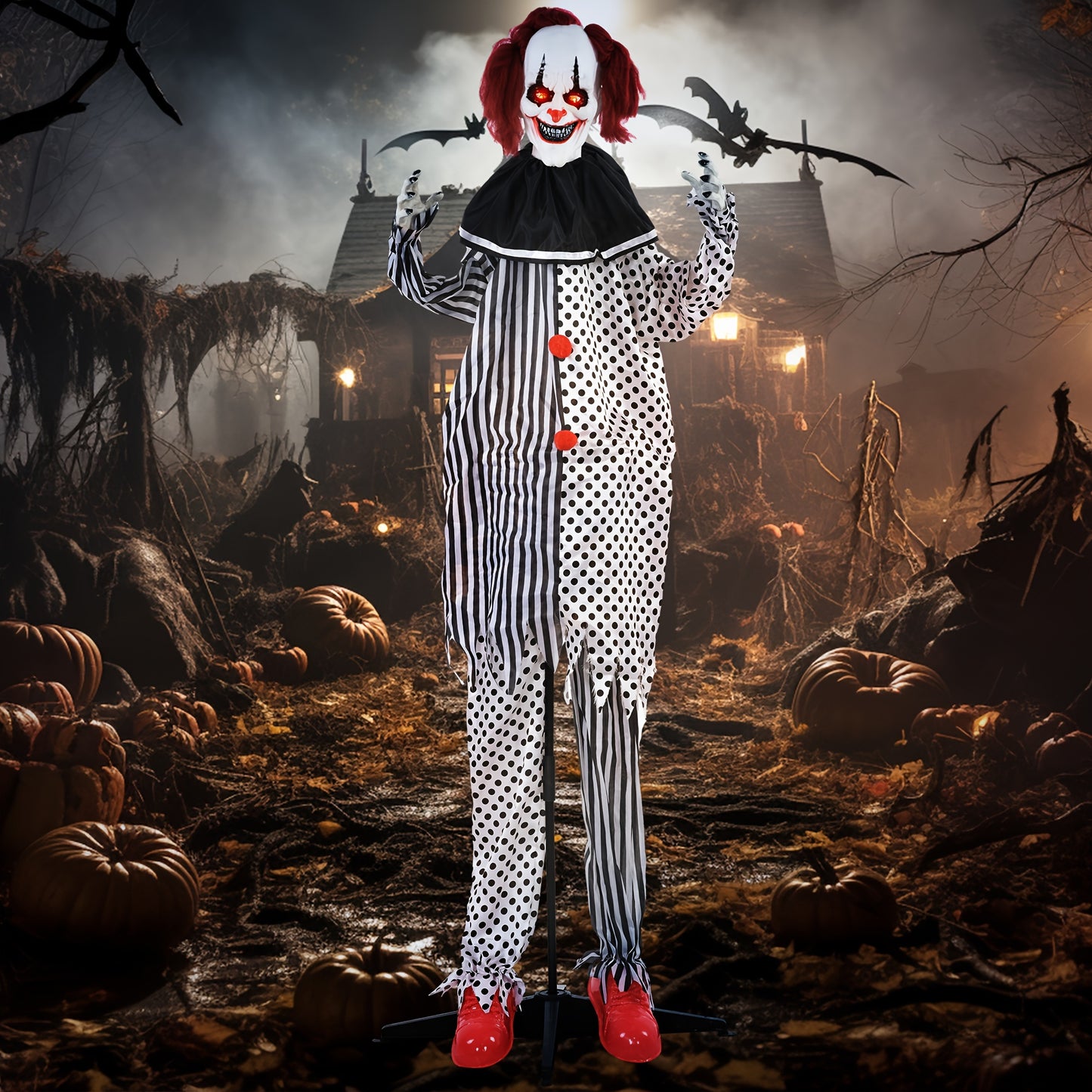 6' Life-Size Animatronic Circus Clown Decoration - Outdoor Halloween Prop with Sound, Motion, Light-Up Eyes, Talking, and Laughter - Spooky Adult Novelty