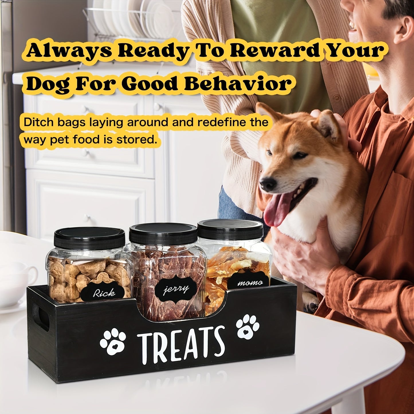 Wooden Dog Treat Container - 3 Plastic Jars, Farmhouse Pet Food Storage for Dog, Cat, Small Animal