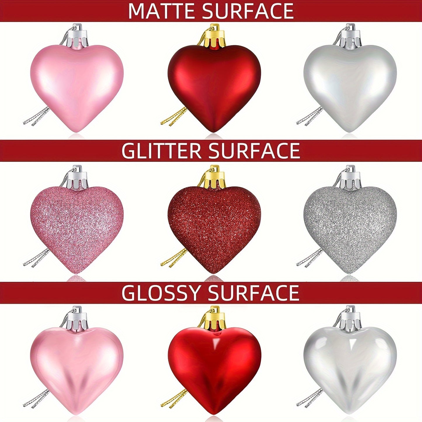 27Pcs Valentine's Day Heart Shaped Ornaments | Valentines Heart Decorations | Red Pink Silver Glitter Heart Shaped Baubles | Romantic Christmas Valentine's Day Tree Hanging Decorations