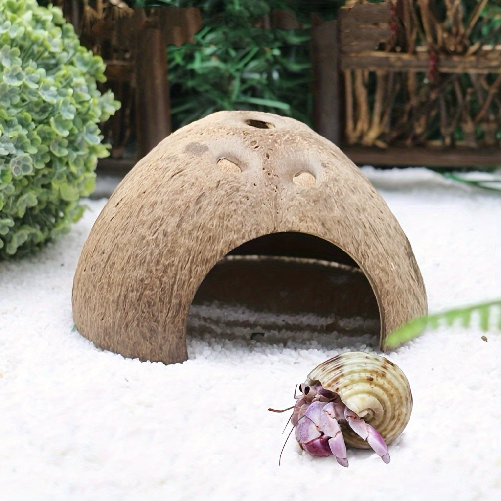 1pc/2pcs Natural Coconut Shell Reptile Hideaway, Pet Shelter For Frogs, Lizards, Snakes, Turtles, Hamsters, Hermit Crabs, Tropical Style, Aquarium & Terrarium Decor