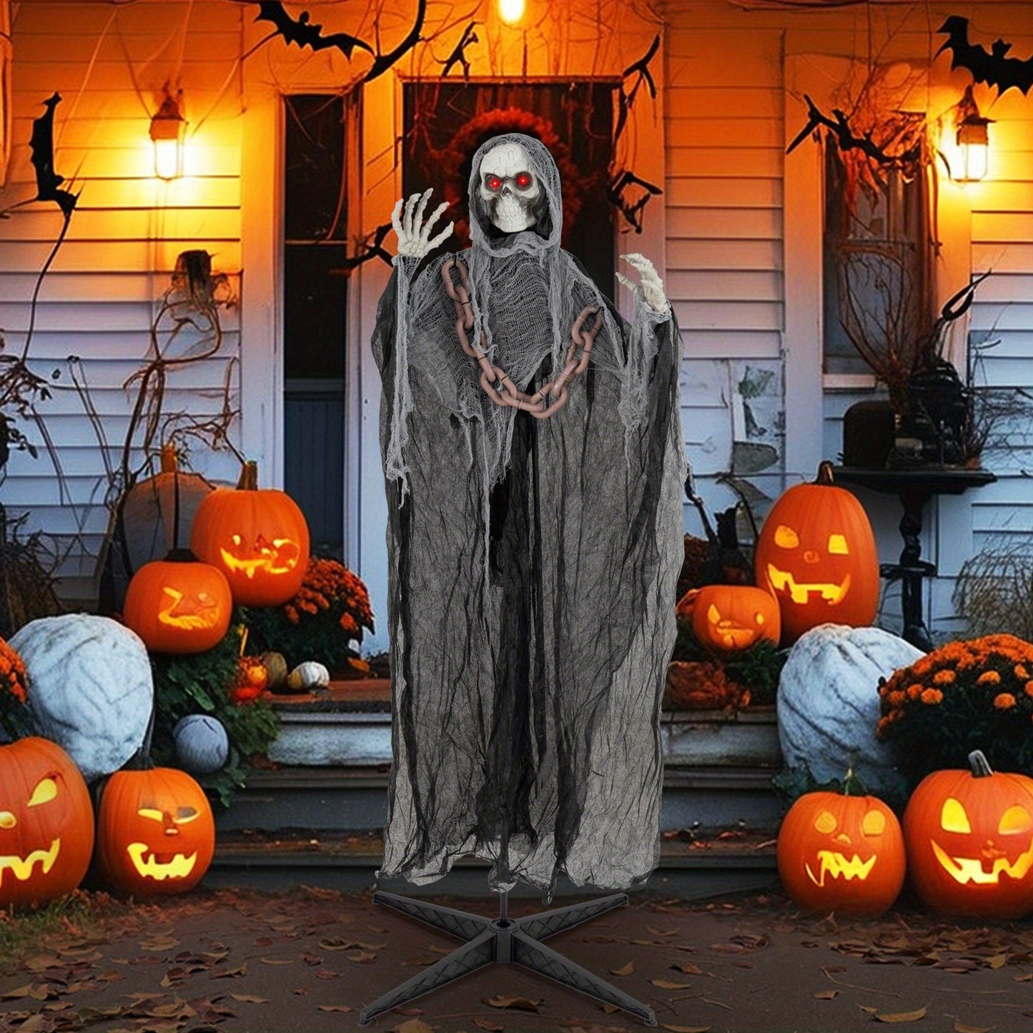 MAXMASS 6.4 ft Halloween Standing Grim Reaper, Voice Activated Animatronic Ghost w/ Lighted Eyes, Automatic Arm Movement & Terrifying Sounds, Skeleton Ghost with Chain for Indoor Outdoor