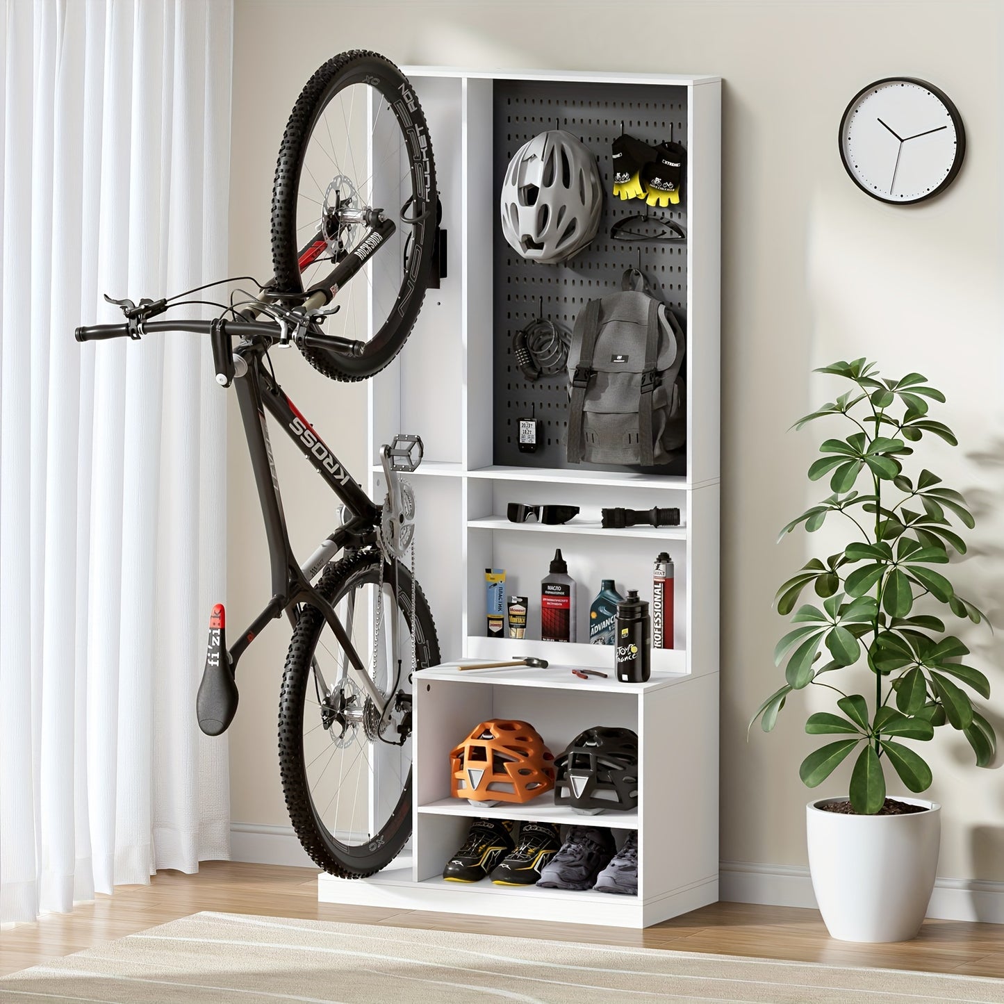 Bike Storage Cabinet, Home Bicycle Parking With Pegboard, Open Storage Shelves&10 S-hooks, Safety Anti-Dumping Bike Rack For Garage For Home And Garage Garage Storage