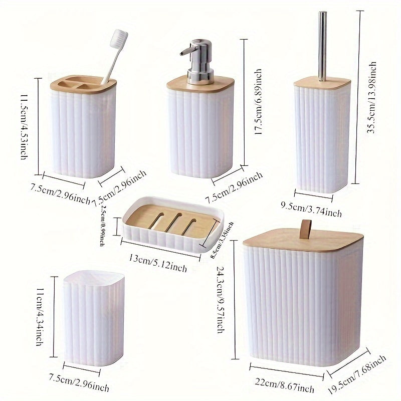 Elegant 6-Piece Striped Bathroom Set with Bamboo Lid - Plastic, Reusable, and No Electricity Required