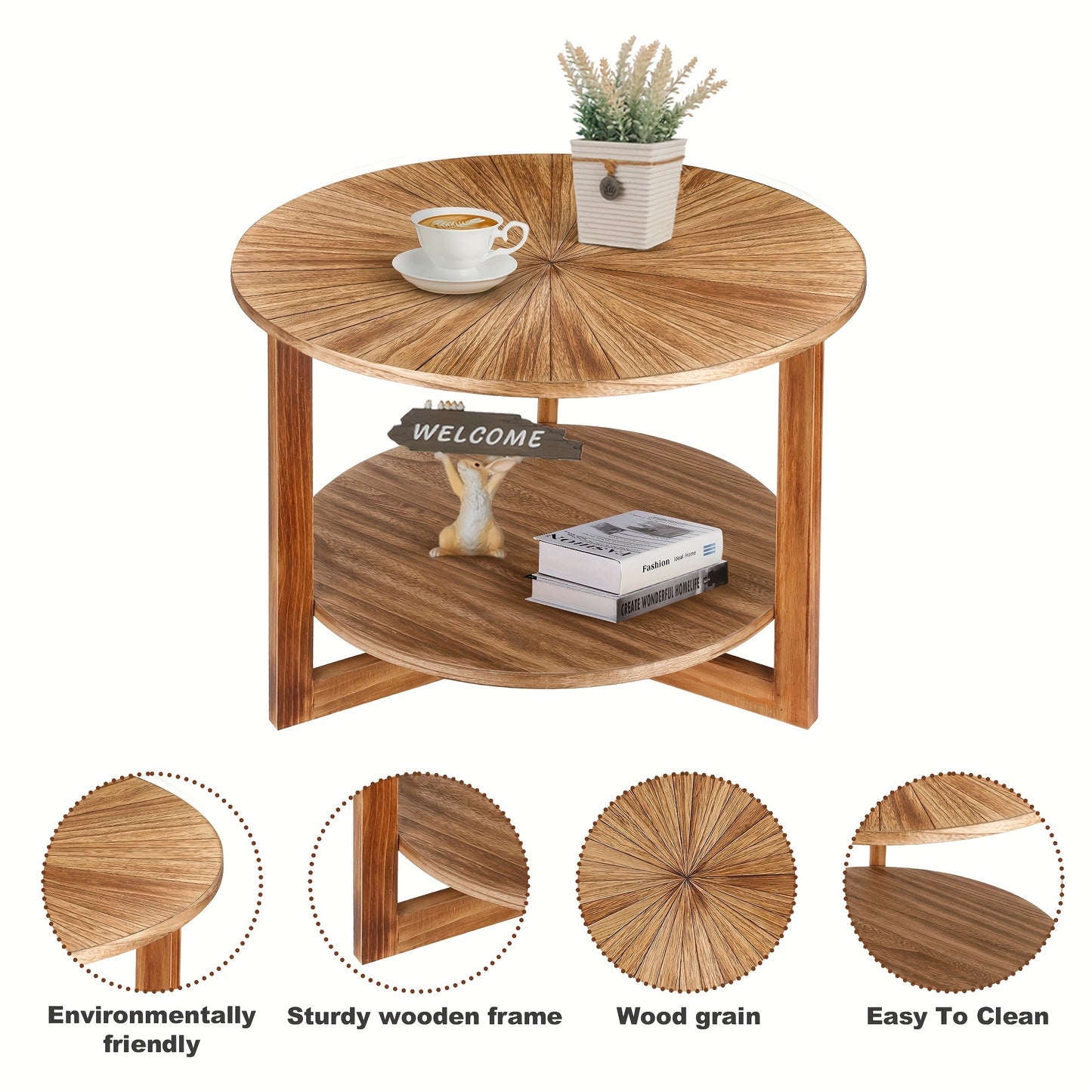 2-Layer Wood Round Coffee Table with Light Luxury and Simple Style, Perfect for Living Room