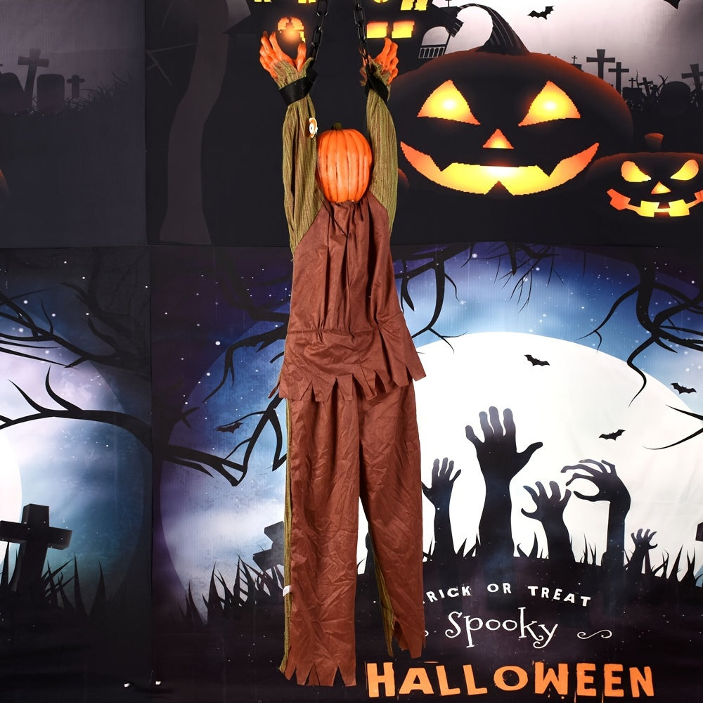 Spooky Halloween Hanging Decor - Glowing Eyes, Screaming Pumpkin Skeleton with Witch Hat & Moving Body - Battery-Powered Outdoor Yard Ornament for Haunted House Atmosphere