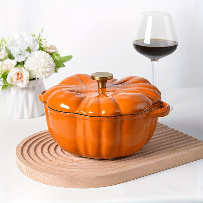 1pc, Double-ear Pumpkin Enamel Stew Pot, Enamel Soup Pot, Special Multi-functional Enamel Soup Pot, Electromagnetic Cooker General, Kitchen Supplies